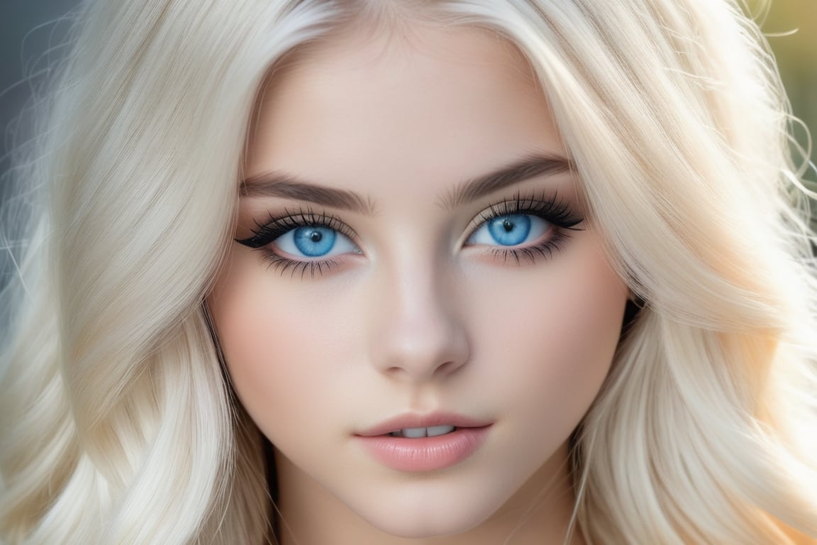 23yo teen model women ,platinum blonde long hair women, detailed face, amazing blue eyes, photorealistic, detailed eyes,light shadowing, black eyeliner, blurred background