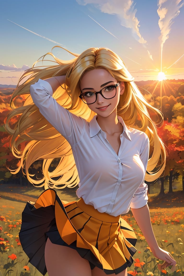 (best quality, masterpiece, perfect face, beautiful and aesthetic:1.2, colorful, dynamic angle, highest detailed face), (beautiful detailed breasts, topless, exposed breasts), 1girl, long straight blonde hair, big glasses, black rimmed glasses, happy smile,(wind blow up skirt, holding skirt up, no underwear, no panties), , micro mini pleated skirt, sunset, fall colors, beautiful trees, nature, flowers, windy, hair flowing in the wind, sun shinning through hair, high contrast, (official art, extreme detailed, highest detailed, natural skin texture, hyperrealism, soft light, sharp, perfect face)

