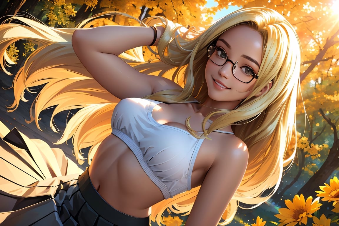 (best quality, masterpiece, perfect face, beautiful and aesthetic:1.2, colorful, dynamic angle, highest detailed face), 1girl, long straight blonde hair, big glasses, black rimmed glasses, happy smile,(wind blow up skirt, holding skirt up, no underwear, no panties), (beautiful detailed breasts, topless, exposed breasts), micro mini pleated skirt, sunset, fall colors, beautiful trees, nature, flowers, windy, hair flowing in the wind, sun shinning through hair, high contrast, (official art, extreme detailed, highest detailed, natural skin texture, hyperrealism, soft light, sharp, perfect face)

