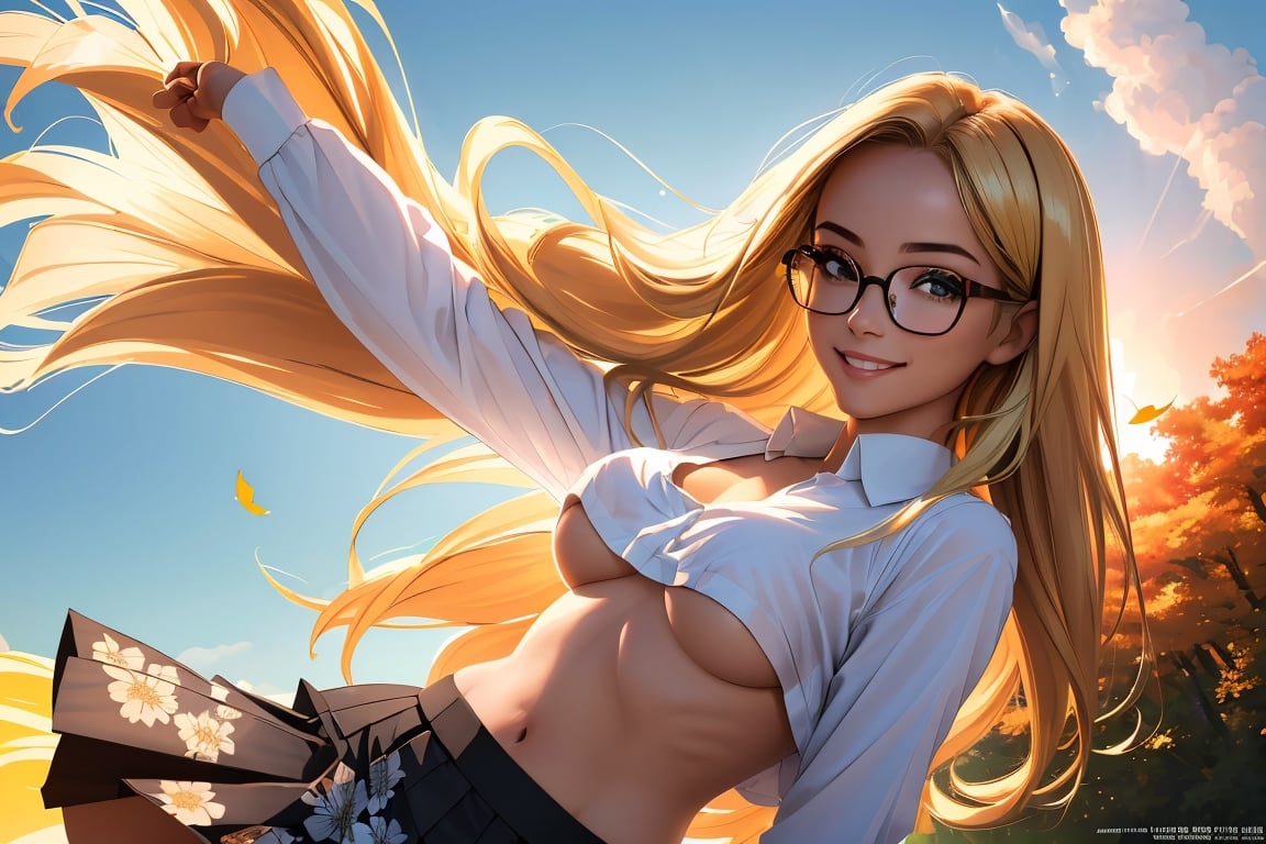 (best quality, masterpiece, perfect face, beautiful and aesthetic:1.2, colorful, dynamic angle, highest detailed face), 1girl, long straight blonde hair, big glasses, black rimmed glasses, happy smile,(wind blow up skirt, no underwear, no panties), (beautiful detailed breasts, topless, exposed breasts), micro mini pleated skirt, sunset, fall colors, beautiful trees, nature, flowers, windy, hair flowing in the wind, sun shinning through hair, high contrast, (official art, extreme detailed, highest detailed, natural skin texture, hyperrealism, soft light, sharp, perfect face)
,crop shirt underboob,
