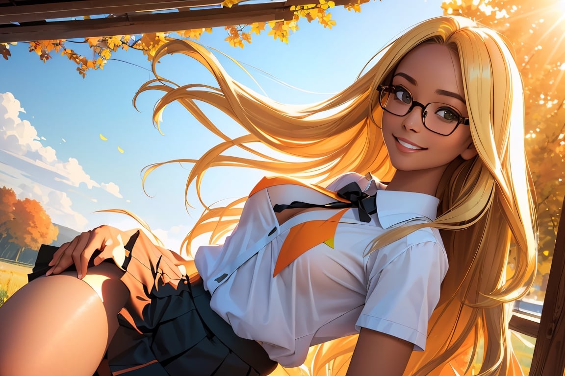 (best quality, masterpiece, perfect face, beautiful and aesthetic:1.2, colorful, dynamic angle, highest detailed face), 1girl, long straight blonde hair, big glasses, black rimmed glasses, happy smile,(wind blow up skirt, no underwear, no panties), (beautiful detailed breasts, topless, exposed breasts), micro mini pleated skirt, sunset, fall colors, beautiful trees, nature, flowers, windy, hair flowing in the wind, sun shinning through hair, high contrast, (official art, extreme detailed, highest detailed, natural skin texture, hyperrealism, soft light, sharp, perfect face)
,crop shirt underboob,
