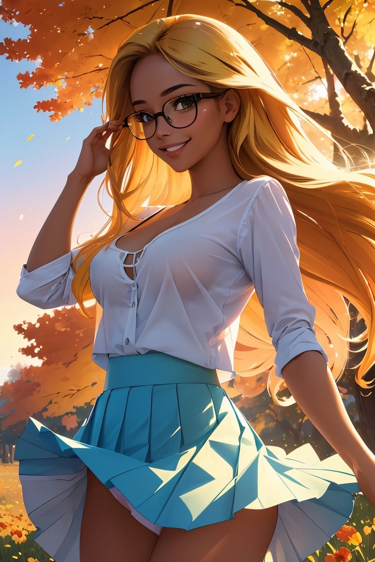 (best quality, masterpiece, perfect face, beautiful and aesthetic:1.2, colorful, dynamic angle, highest detailed face), (beautiful detailed breasts, topless, exposed breasts), 1girl, long straight blonde hair, big glasses, black rimmed glasses, happy smile,(wind blow up skirt, holding skirt up, no underwear, no panties), , micro mini pleated skirt, sunset, fall colors, beautiful trees, nature, flowers, windy, hair flowing in the wind, sun shinning through hair, high contrast, (official art, extreme detailed, highest detailed, natural skin texture, hyperrealism, soft light, sharp, perfect face)

