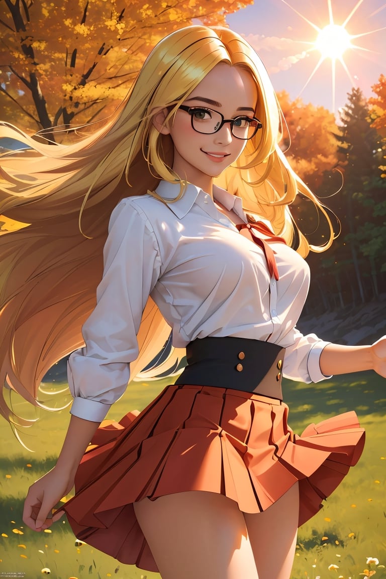 (best quality, masterpiece, perfect face, beautiful and aesthetic:1.2, colorful, dynamic angle, highest detailed face), (beautiful detailed breasts, topless, exposed breasts), 1girl, long straight blonde hair, big glasses, black rimmed glasses, happy smile,(wind blow up skirt, holding skirt up, no underwear, no panties), , micro mini pleated skirt, sunset, fall colors, beautiful trees, nature, flowers, windy, hair flowing in the wind, sun shinning through hair, high contrast, (official art, extreme detailed, highest detailed, natural skin texture, hyperrealism, soft light, sharp, perfect face)

