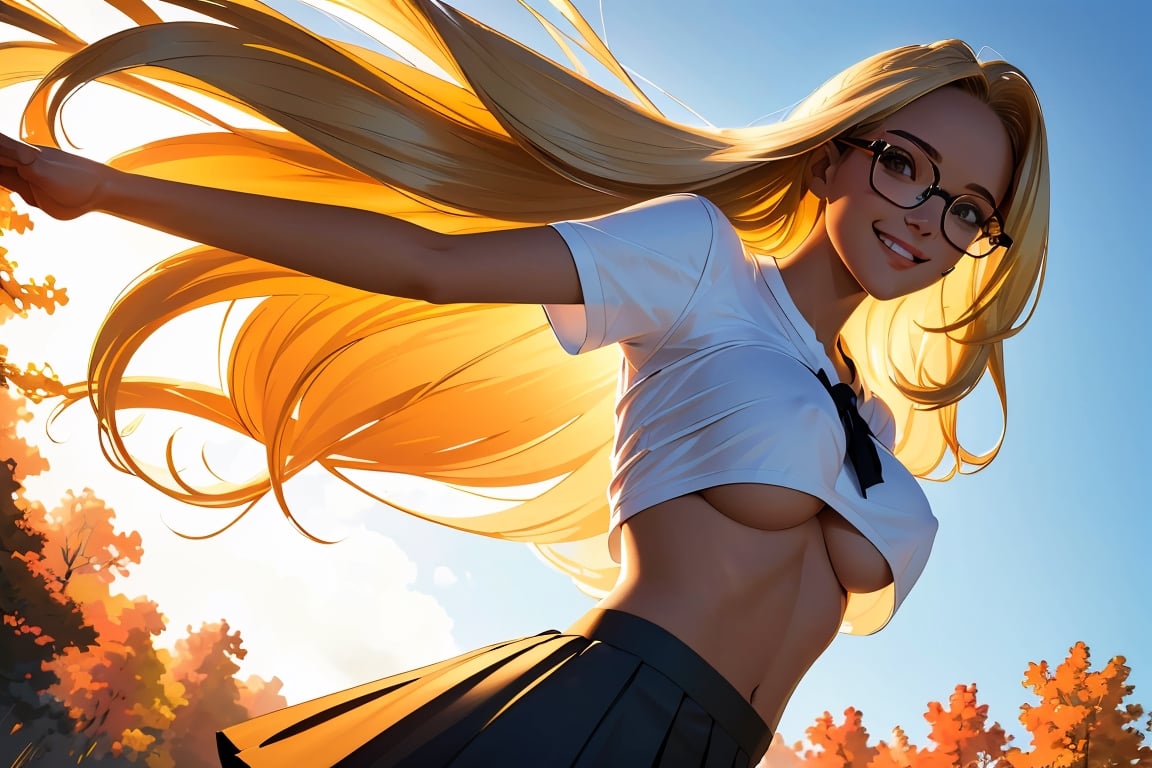 (best quality, masterpiece, perfect face, beautiful and aesthetic:1.2, colorful, dynamic angle, highest detailed face), 1girl, long straight blonde hair, big glasses, black rimmed glasses, happy smile,(wind blow up skirt, no underwear, no panties), (beautiful detailed breasts, topless, exposed breasts), micro mini pleated skirt, sunset, fall colors, beautiful trees, nature, flowers, windy, hair flowing in the wind, sun shinning through hair, high contrast, (official art, extreme detailed, highest detailed, natural skin texture, hyperrealism, soft light, sharp, perfect face)
,crop shirt underboob,
