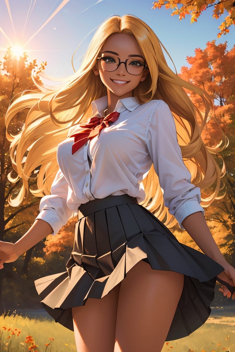 (best quality, masterpiece, perfect face, beautiful and aesthetic:1.2, colorful, dynamic angle, highest detailed face), (beautiful detailed breasts, topless, exposed breasts), 1girl, long straight blonde hair, big glasses, black rimmed glasses, happy smile,(wind blow up skirt, holding skirt up, no underwear, no panties), , micro mini pleated skirt, sunset, fall colors, beautiful trees, nature, flowers, windy, hair flowing in the wind, sun shinning through hair, high contrast, (official art, extreme detailed, highest detailed, natural skin texture, hyperrealism, soft light, sharp, perfect face)

