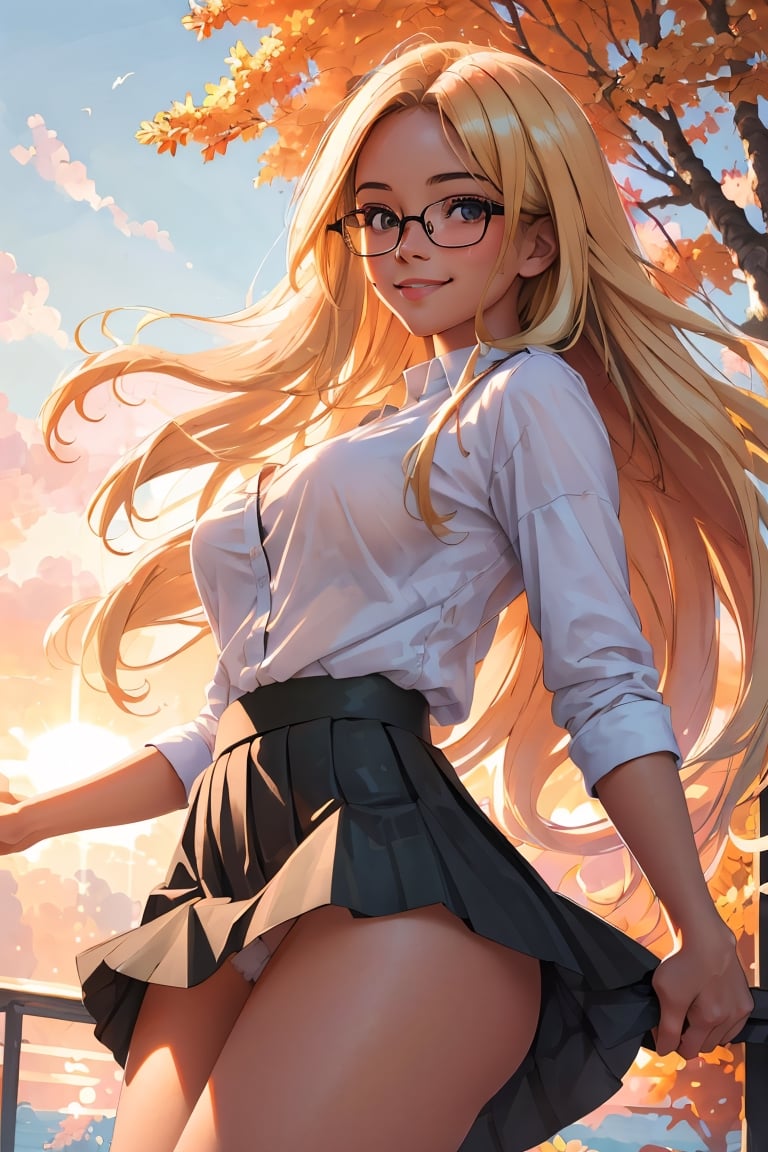 (best quality, masterpiece, perfect face, beautiful and aesthetic:1.2, colorful, dynamic angle, highest detailed face), (beautiful detailed breasts, topless, exposed breasts), 1girl, long straight blonde hair, big glasses, black rimmed glasses, happy smile,(wind blow up skirt, holding skirt up, no underwear, no panties), , micro mini pleated skirt, sunset, fall colors, beautiful trees, nature, flowers, windy, hair flowing in the wind, sun shinning through hair, high contrast, (official art, extreme detailed, highest detailed, natural skin texture, hyperrealism, soft light, sharp, perfect face)

,bottom_view