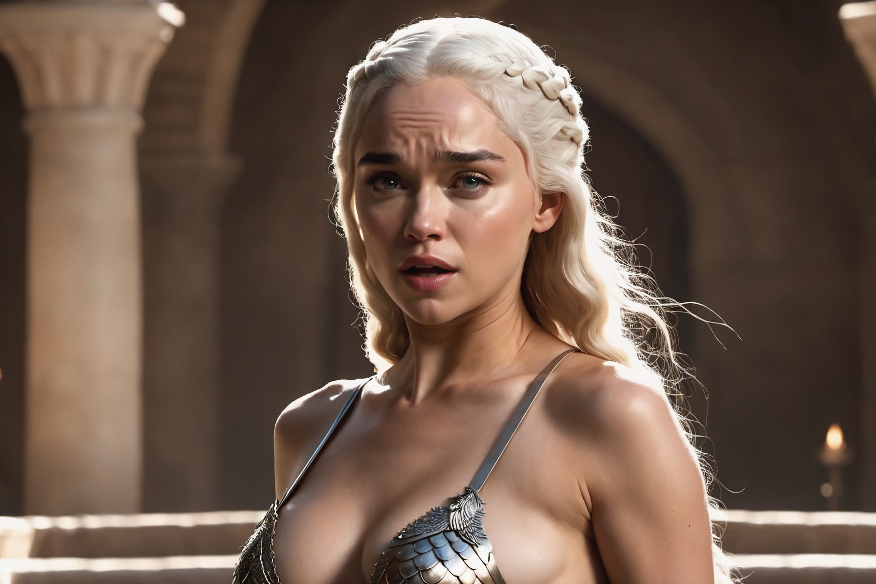 In a stunning Game of Thrones-inspired rendering, Daenerys is depicted in a dramatic and dynamic pose.  Daenerys' expression shows her being caught off guard showing her whole body to the viewer, Her naked body glistens with wetness, ((as if suprised her hands try to cover her naked_breasts:1.4)), perfect ample nude breasts, her perfect nipples are perky, ((her vagina is bare and smooth)), photo r3al,FilmGirl, background is castle bathtub, looking at viewer and slight smile. other chambermaids in background are scantilly covered in sheer clothing