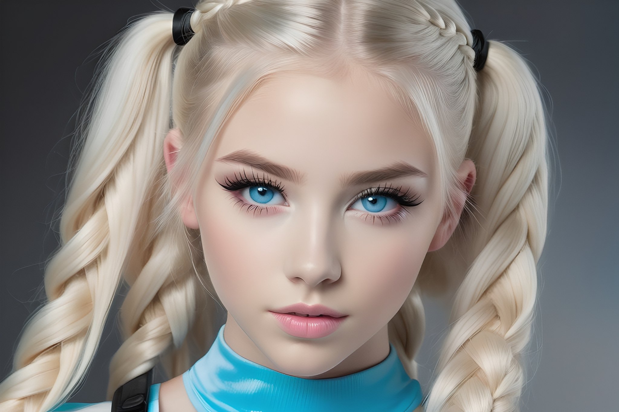 23yo teen model women ,platinum blonde long hair braided pigtails, detailed face, amazing blue eyes, photorealistic, detailed eyes,light shadowing, black eyeliner, blurred background, light pink matte lipstick