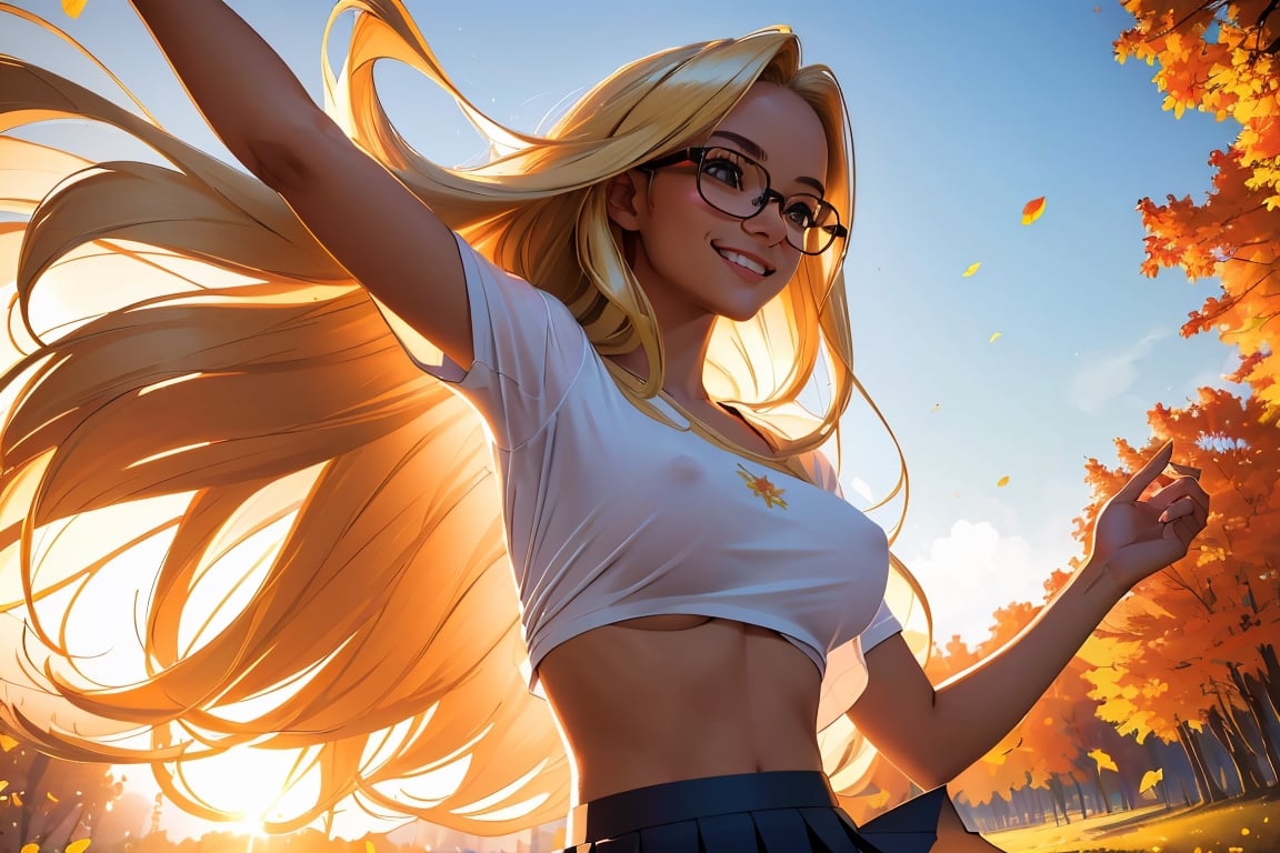 (best quality, masterpiece, perfect face, beautiful and aesthetic:1.2, colorful, dynamic angle, highest detailed face), 1girl, long straight blonde hair, big glasses, black rimmed glasses, happy smile,(wind blow up skirt, no underwear, no panties), (beautiful detailed breasts, topless, exposed breasts), micro mini pleated skirt, sunset, fall colors, beautiful trees, nature, flowers, windy, hair flowing in the wind, sun shinning through hair, high contrast, (official art, extreme detailed, highest detailed, natural skin texture, hyperrealism, soft light, sharp, perfect face)
,crop shirt underboob,
