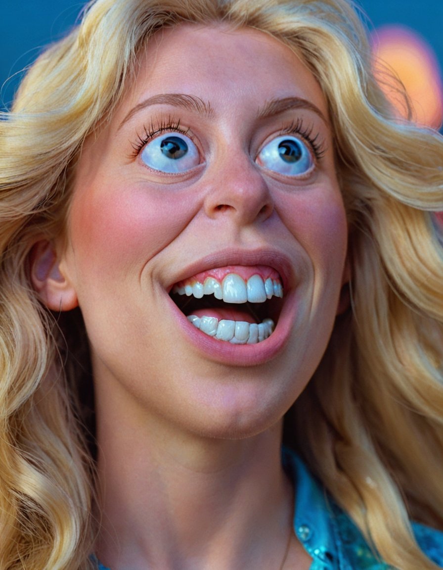 model extreme closeup photo of a hot crazy happy laughing blonde 80s model with long hair blowing in the wind and big eyes looking up to the side,  bucktoothed,  dreamy extreme soft focus,  shimmer,  glistening,  intricate,  80s colors,  depth of field,  80s fantasy,  magical,  blue hour