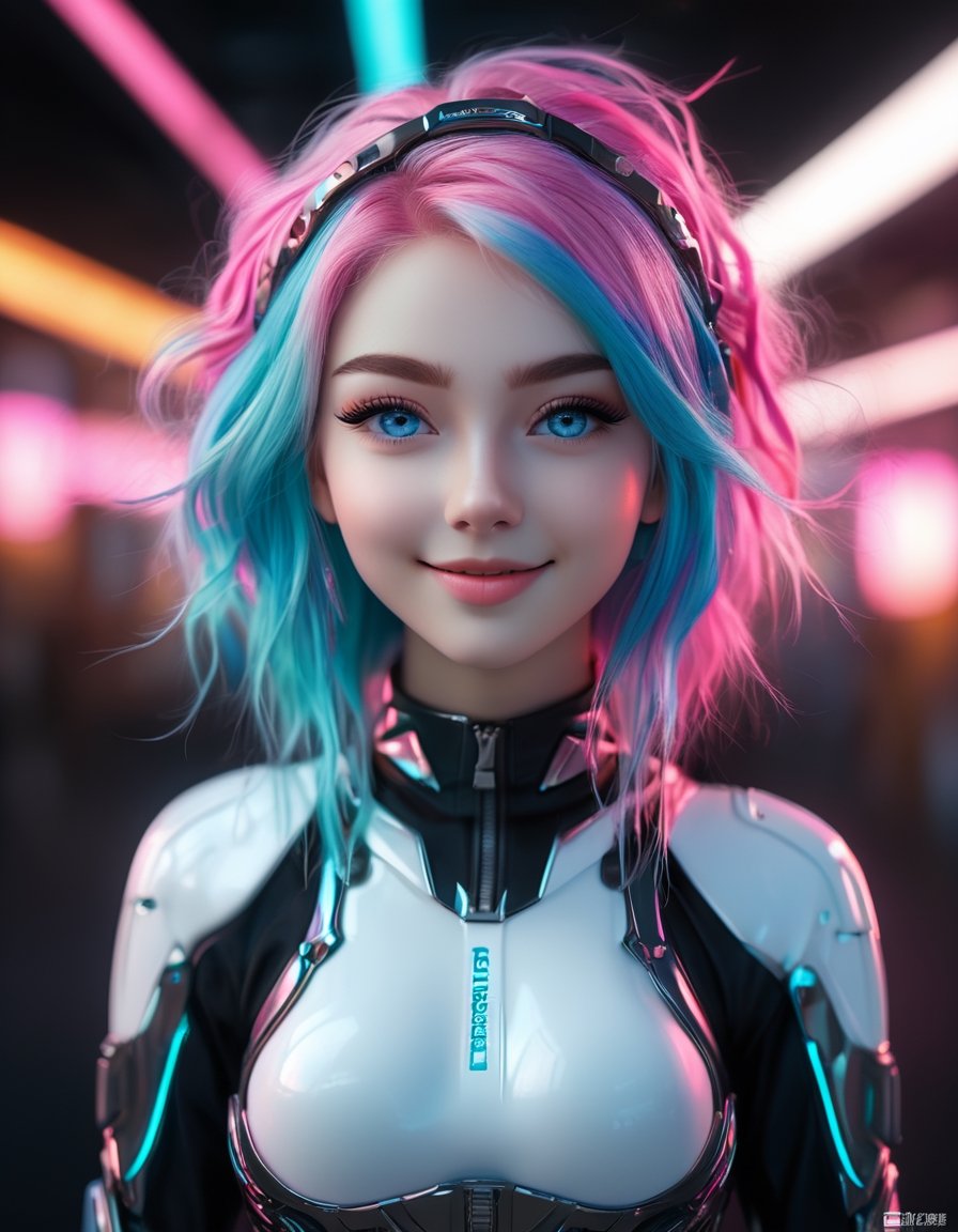 (masterpiece,  top quality,  best quality,  official art,  a nightly very dark 3D octane render,  contrast,  beautiful and aesthetic:1.2),  (1girl:1.2),  smiling with teeth,  blue eyes,  upper body,  two-tone_hair,  ([pink,  blue] hair:1.2),  extreme detailed,  (fractal art:1.3),  (colorful:1.2),  highest detailed,  (Mechanical modification:1.2),  happy,  intricate