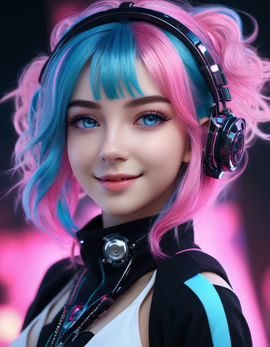 (masterpiece,  top quality,  best quality,  official art,  a nightly very dark 3D octane render,  contrast,  beautiful and aesthetic:1.2),  (1girl:1.2),  smiling with teeth,  blue eyes,  upper body,  two-tone_hair,  ([pink,  blue] hair:1.2),  extreme detailed,  (fractal art:1.3),  (colorful:1.2),  highest detailed,  (Mechanical modification:1.2),  happy,  intricate