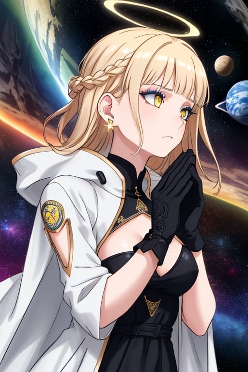 {blonde hair}, white royal coat, black {royal} dress, gloves, makeup, {blue eyeshadow}. [broken] {{halo}}, space, female focus, earrings, {blue and yellow} eyes, {{white coat}}, {star symbol}, {{masterpiece}}, {intense angle}, {badges}, {medium breasts}, {calm expression}, {black gloves}, bandaged wrists, {space background}, [planets], galaxy, {braid}, {black holes}, fractal pattern, patterns, {divine}, majestic, detailed halo, {long hair}, {{half updo}}, looking to the side, {{celestial}} design, {{blunt bangs}},{blonde hair}, white royal coat, black {royal} dress, gloves, makeup, {blue eyeshadow}. [broken] {{halo}}, space, female focus, earrings, {blue and yellow} eyes, {{white coat}}, {star symbol}, {{masterpiece}}, {intense angle}, {badges}, {medium breasts}, {calm expression}, {black gloves}, bandaged wrists, {space background}, [planets], galaxy, {braid}, {black holes}, fractal pattern, patterns, {divine}, majestic, detailed halo, {long hair}, {{half updo}}, looking to the side, {{celestial}} design, {{blunt bangs}}