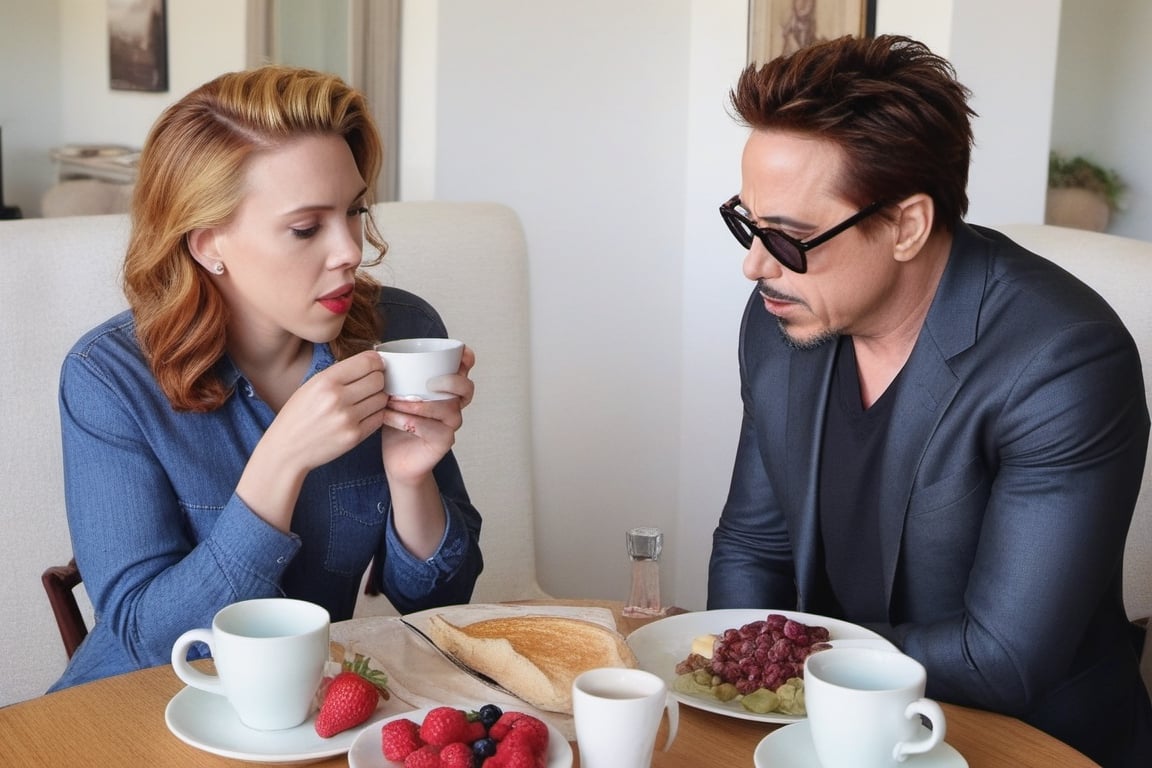 Scarlet Johansson and Robert Downey Jr having a delicious breakfast at home, scarlett johansson,photo r3al