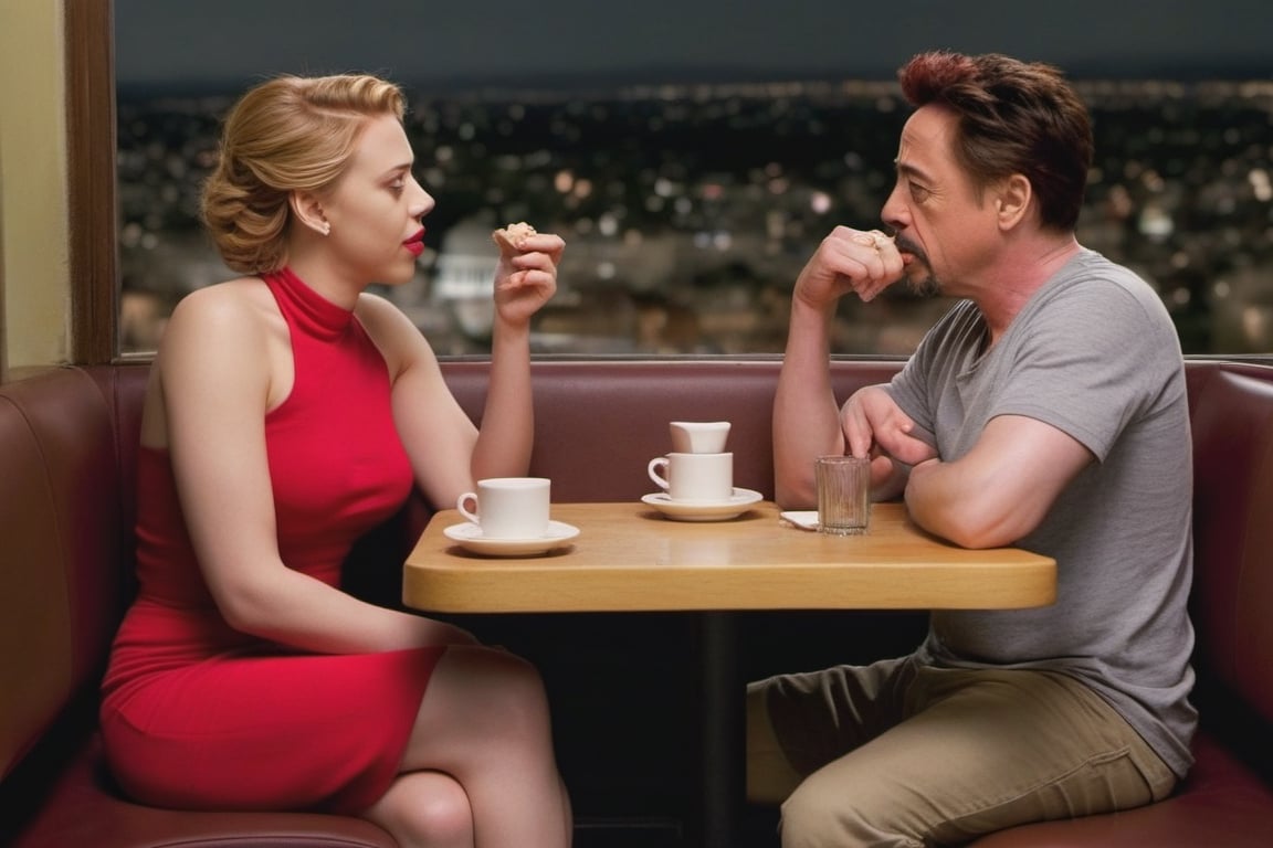 Scarlet Johansson and Robert Downey Jr in a cafe at night