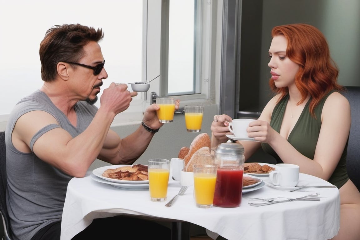 Tony Stark and Natasha Romanoff (Scarlet Johansson) having a nice breakfast, scarlett johansson, full body,scarlett johansson,photo r3al, 