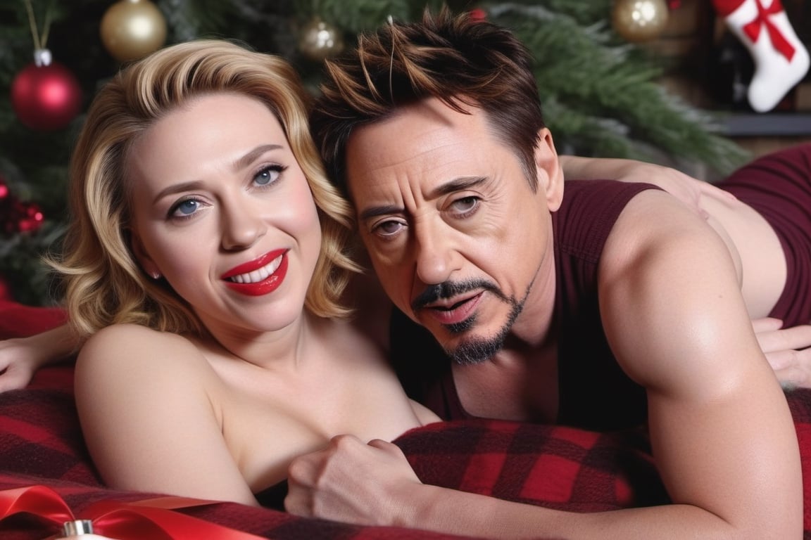 Robert Downey Jr. y la sensual Scarlet Johansson felices y enamorados en la sala con un arbol de navidad al fondo. hiperrealista, tetona, nalgona, piernuda, caliente,photo r3al,scarlett johansson