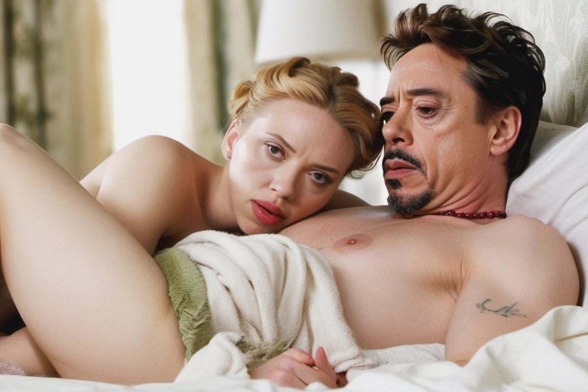 The sensual Scarlet Johansson and Robert Downey Jr making love tenderly in bedroom,scarlett johansson,photo r3al