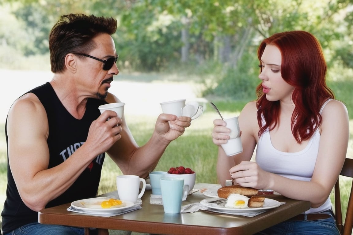 Tony Stark and Natasha Romanoff (Scarlet Johansson) having a nice breakfast, scarlett johansson, full body,scarlett johansson,photo r3al, 