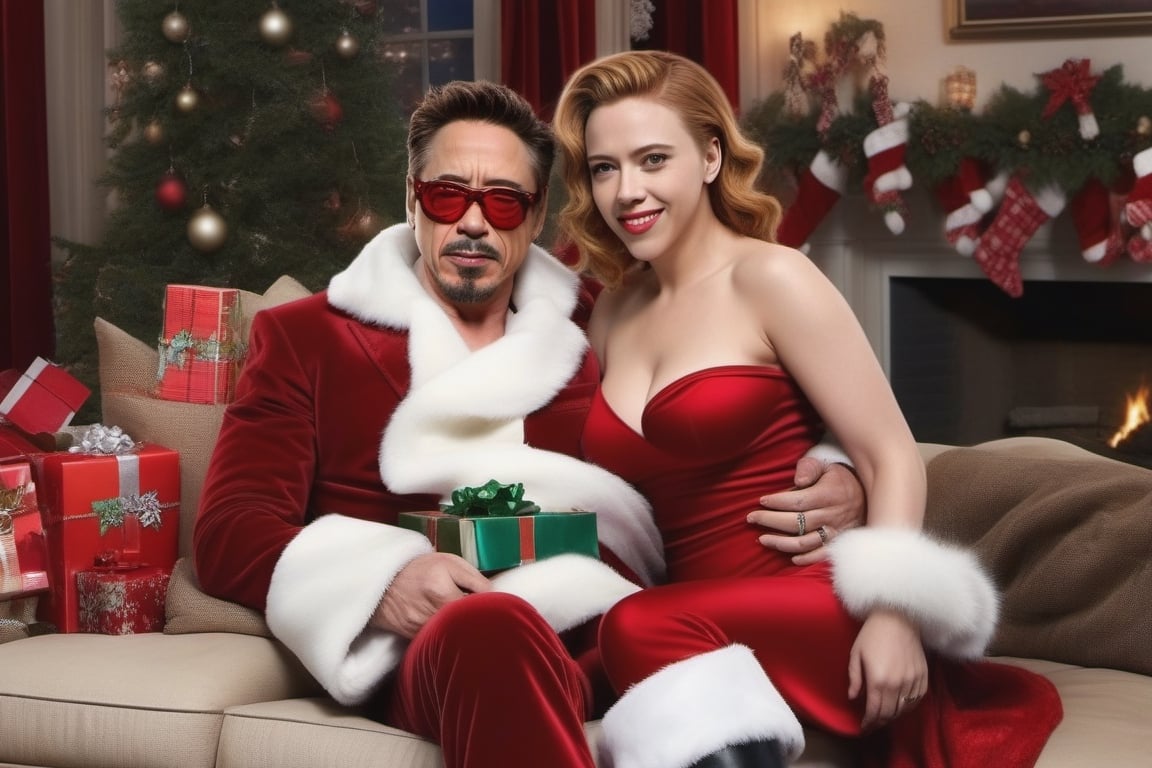 Tony Stark (Robert Downey Jr.) vestido de Santa Claus y la sensual Natasha Romanoff (Scarlet Johansson) felices y enamorados en la sala decoraada para Navidad. hiperrealista, tetona, nalgona, piernuda, caliente,photo r3al,scarlett johansson