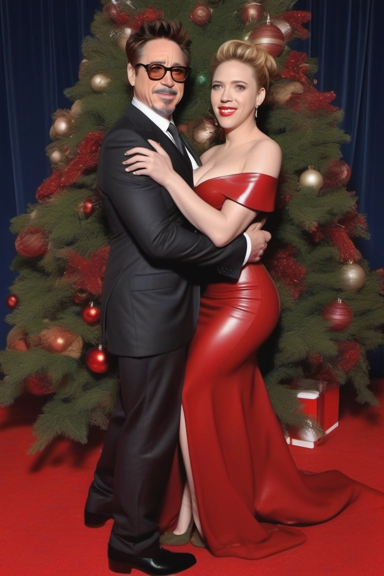 Robert Downey Jr. vestido de Santa Claus y la sensual Scarlet Johansson felices y enamorados en la sala con un arbol de navidad al fondo. hiperrealista, tetona, nalgona, piernuda, caliente,photo r3al,scarlett johansson
