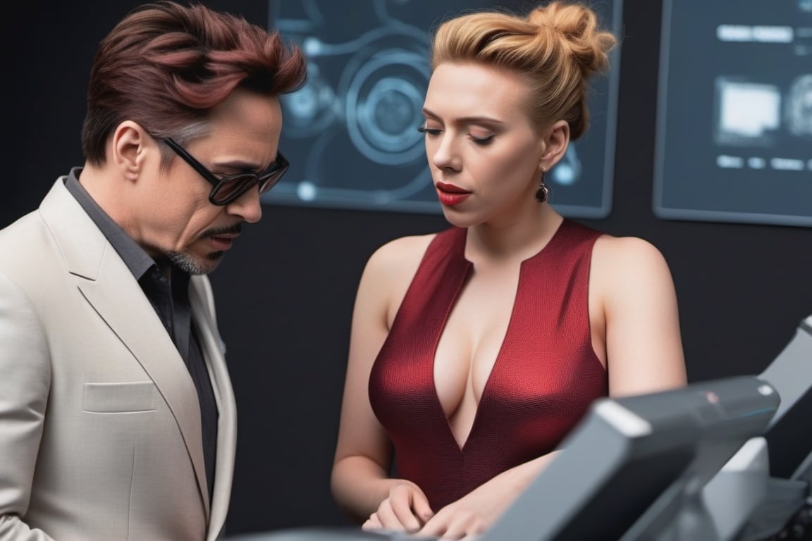 The sensual Scarlet Johansson and Robert Downey Jr working on a new AI neural network, scarlett johansson,photo r3al, tech