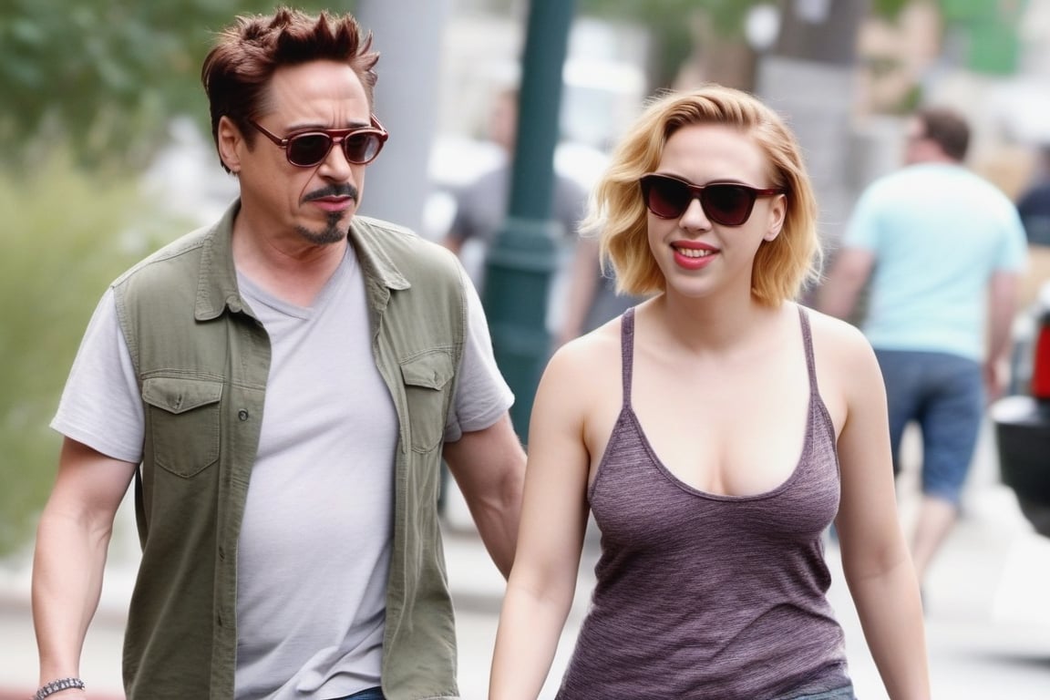 Robert Downey Jr and Scarlett Johansson deeply in love having a nice walk,photo r3al