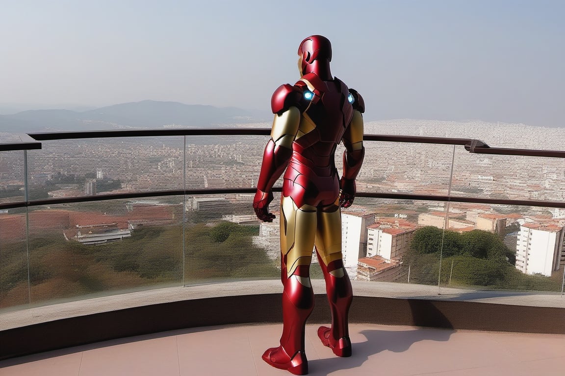 Iron Man pensativo, observando el horizonte desde el balcón de su mansión. Toma panorámica