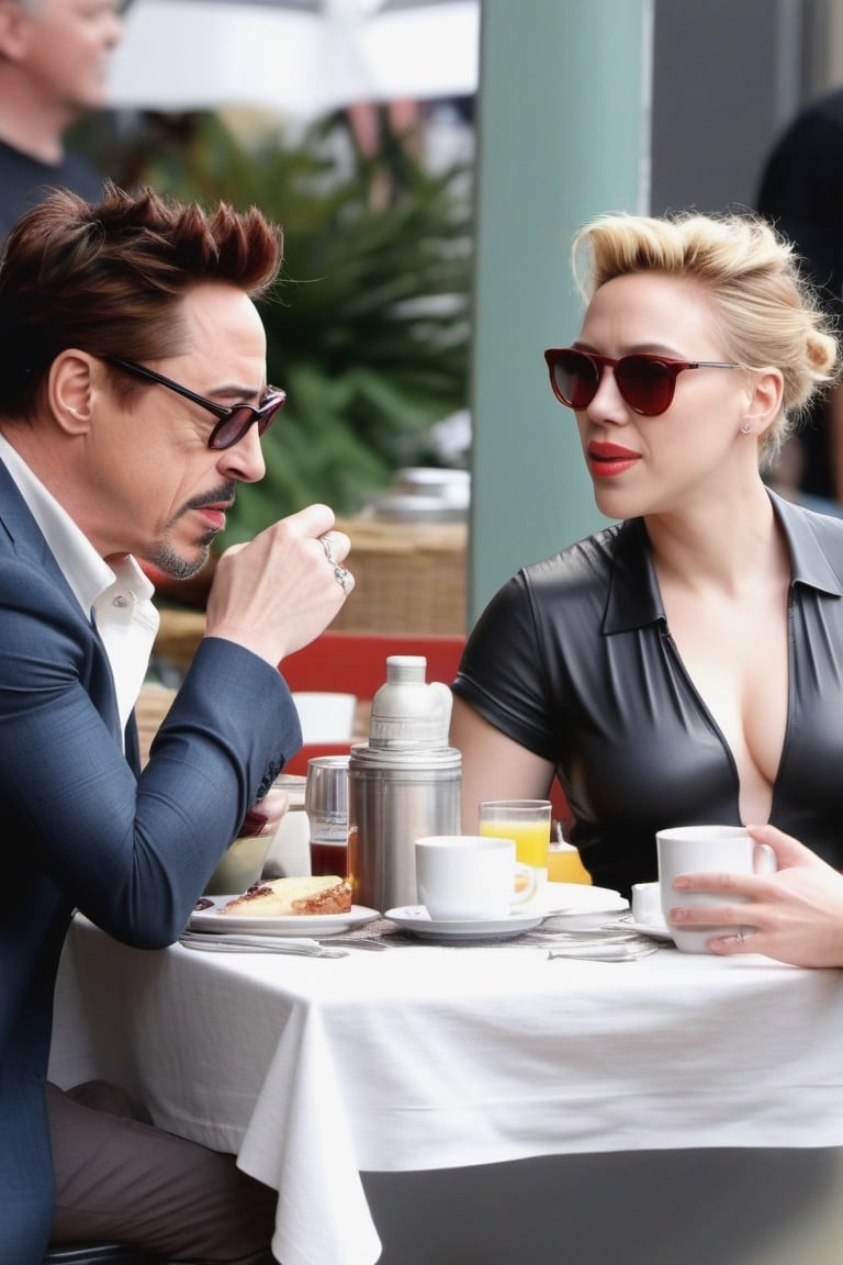 Robert Downey Jr and Scarlett Johansson deeply in love having a nice breakfast,photo r3al