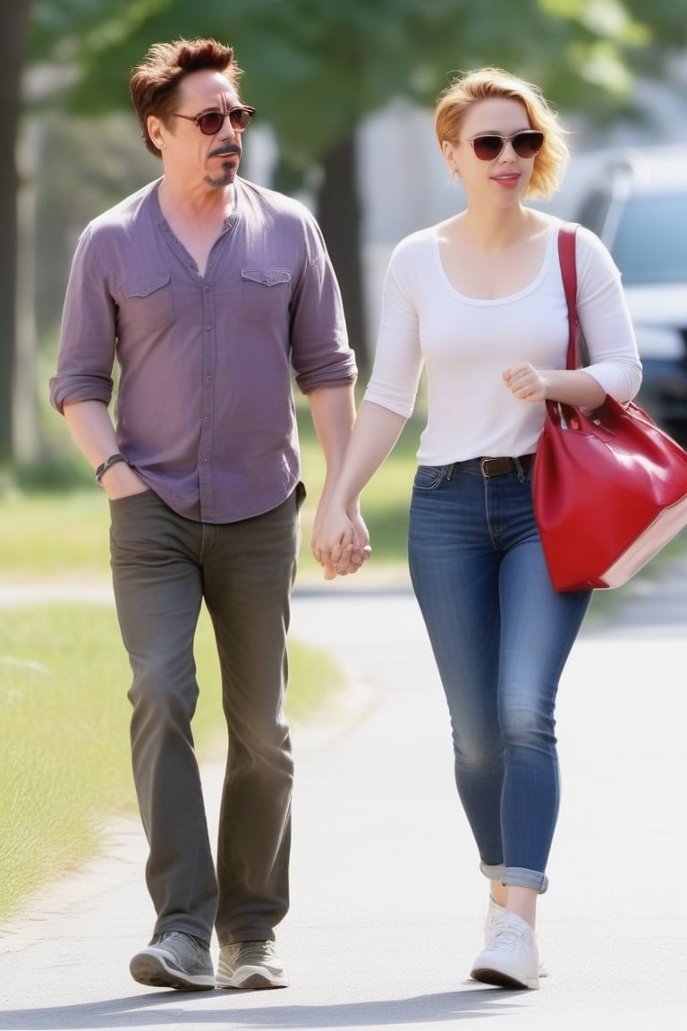 Robert Downey Jr and Scarlett Johansson deeply in love having a nice walk,photo r3al