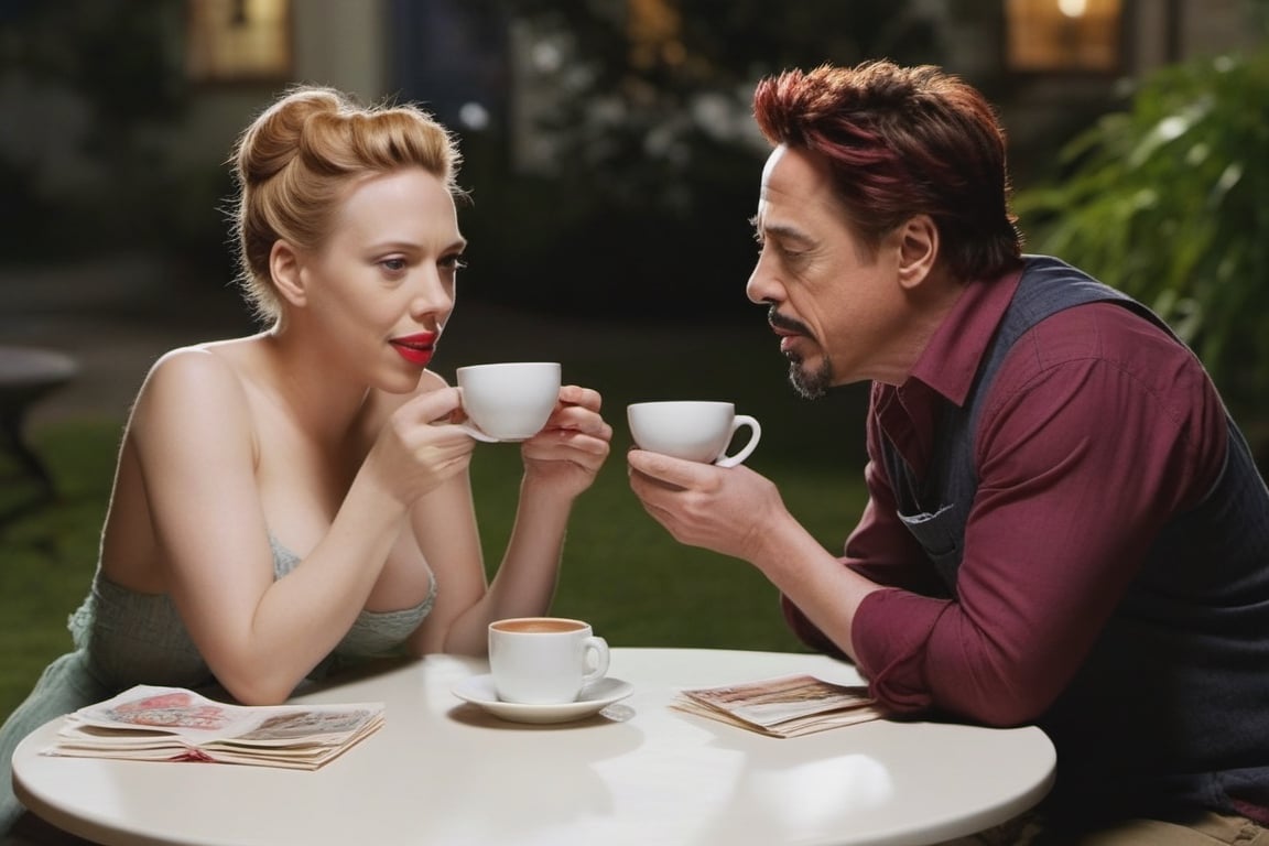 Sensual Scarlet Johansson and Robert Downey Jr having coffee at night