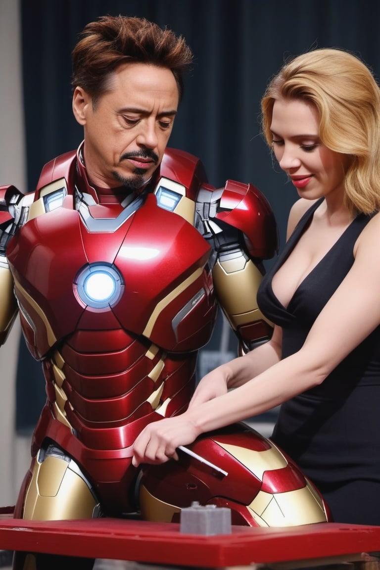 The sensual Scarlet Johansson and Robert Downey Jr building an scale iron man model, scarlett johansson,photo r3al