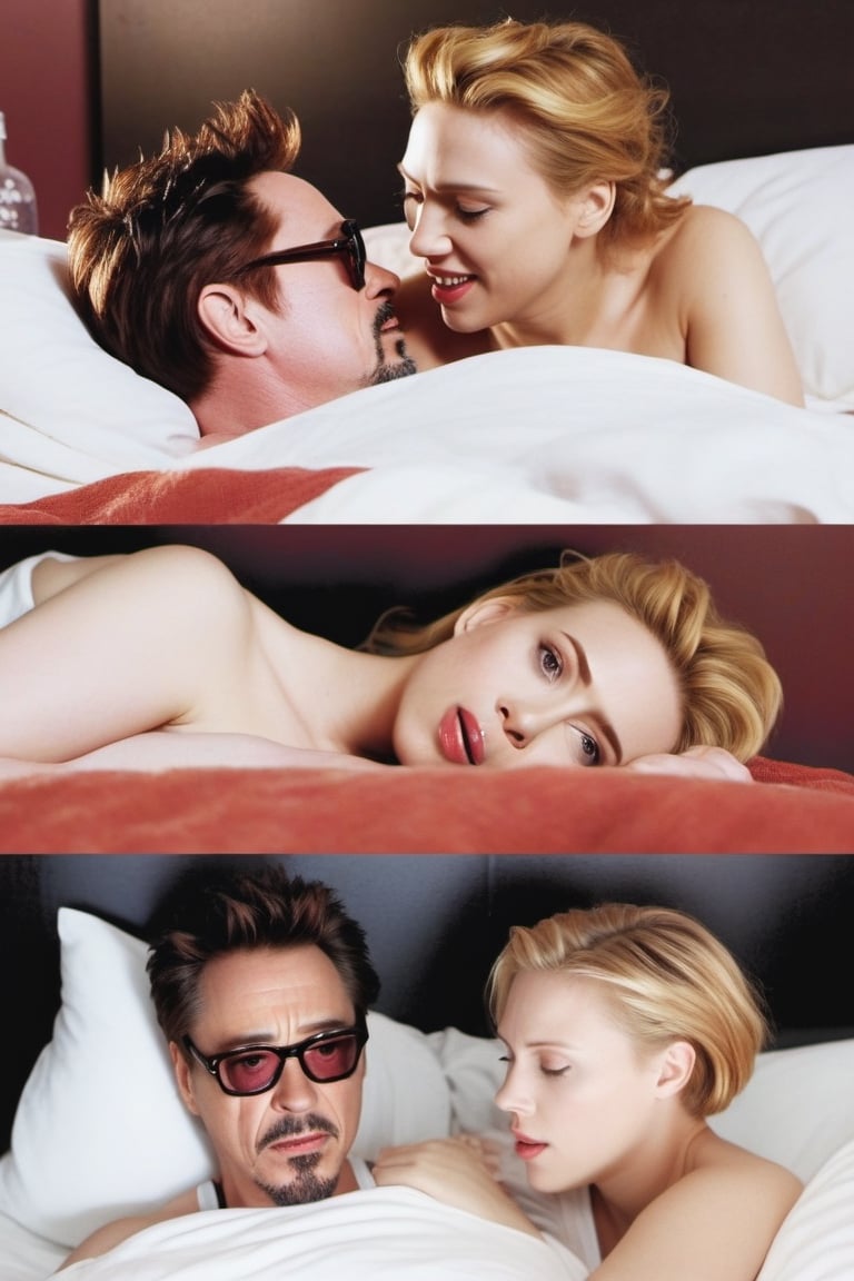 Robert Downey Jr with Scarlett Johansson, waking up in the morning in bed after making love all night.