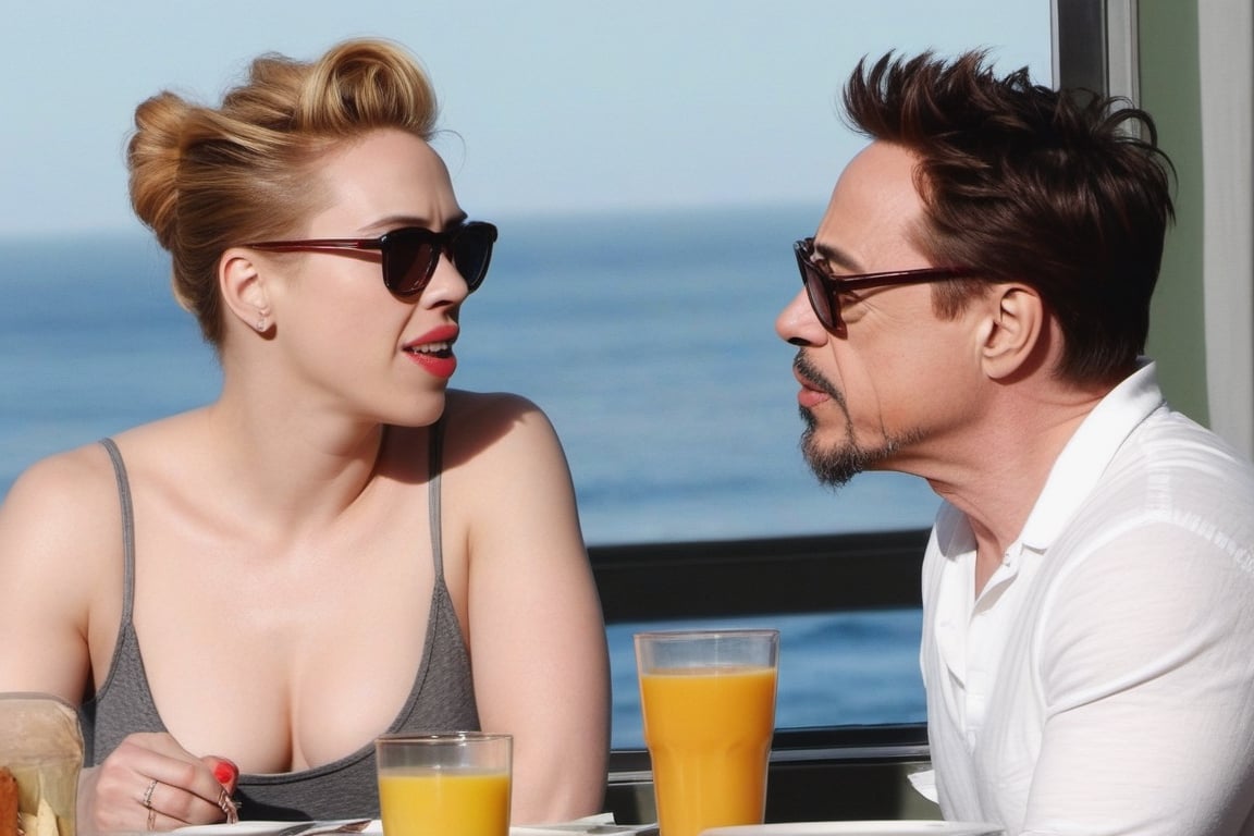 Robert Downey Jr and Scarlett Johansson deeply in love having a nice breakfast,photo r3al