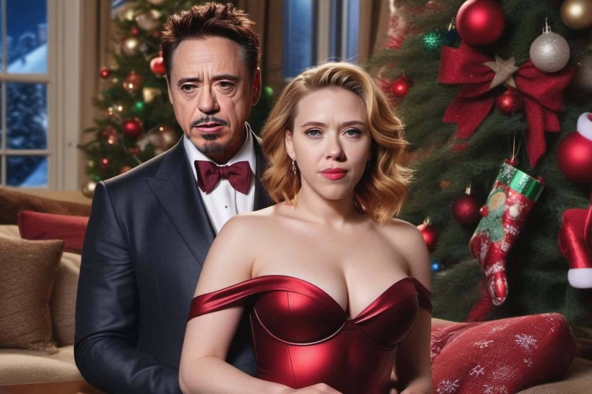 Tony Stark (Robert Downey Jr.) vestido de Santa Claus y la sensual Natasha Romanoff (Scarlet Johansson) felices y enamorados en la sala decoraada para Navidad. hiperrealista, tetona, nalgona, piernuda, caliente,photo r3al,scarlett johansson