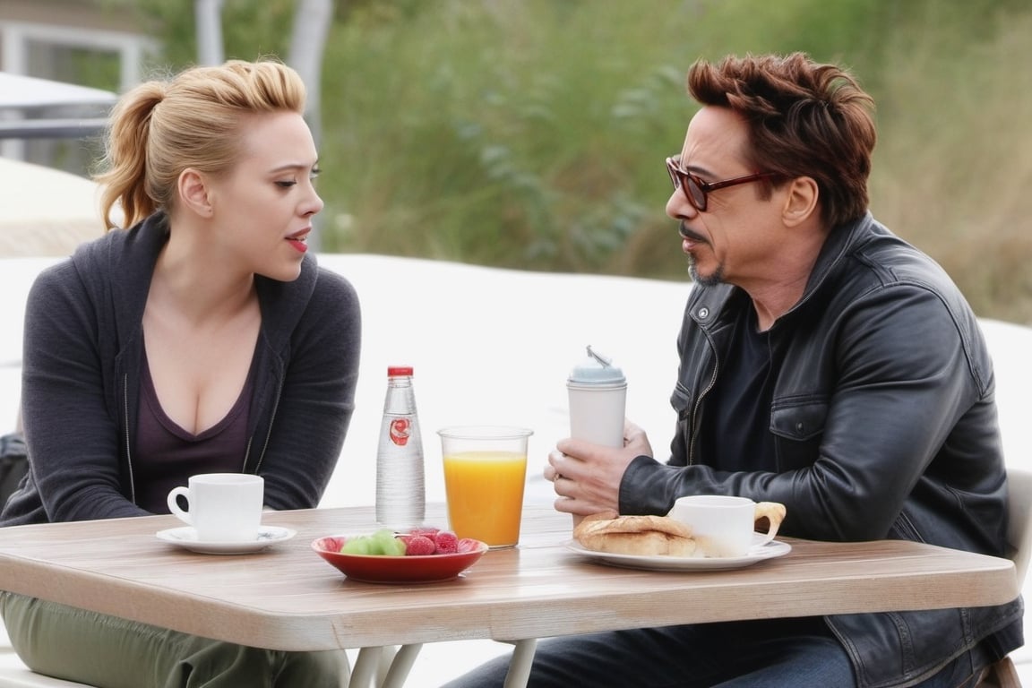 Robert Downey Jr and Scarlett Johansson deeply in love having a nice breakfast,photo r3al