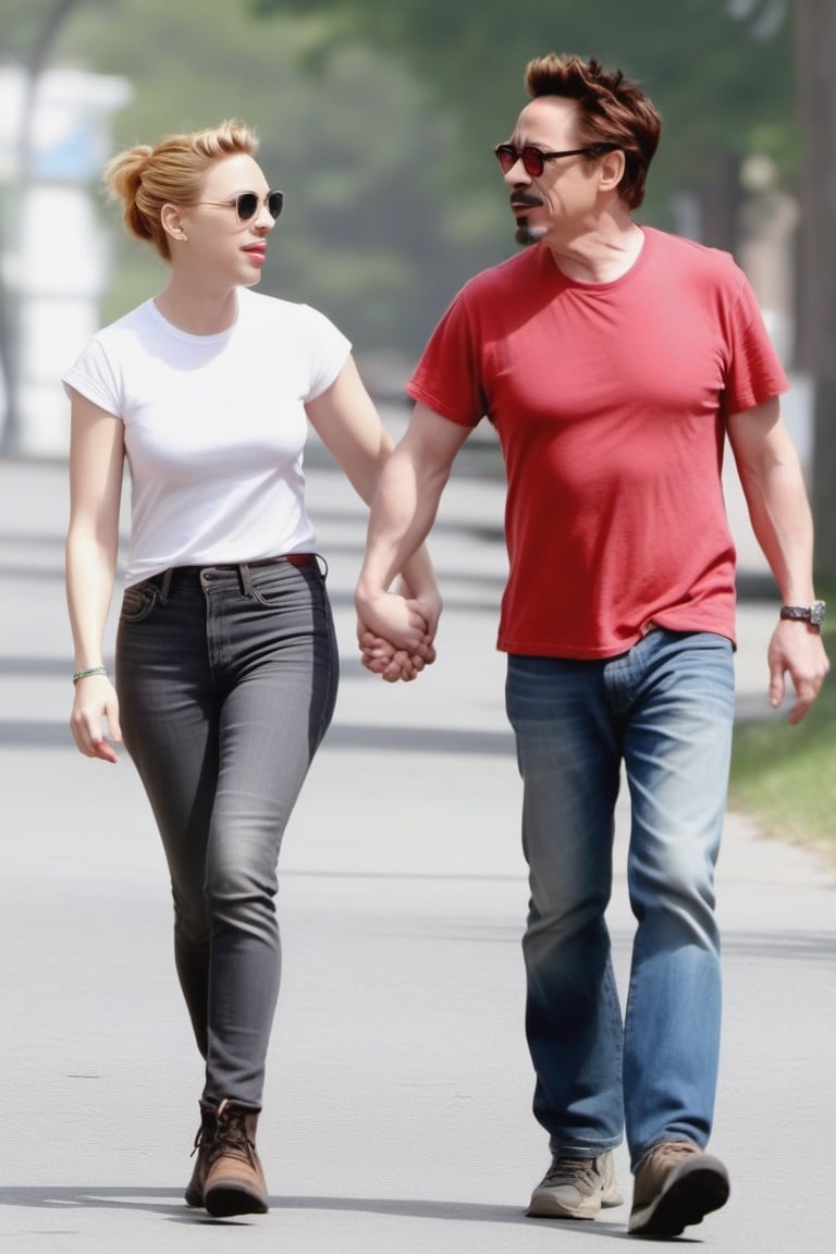 Robert Downey Jr and Scarlett Johansson deeply in love having a nice walk,photo r3al