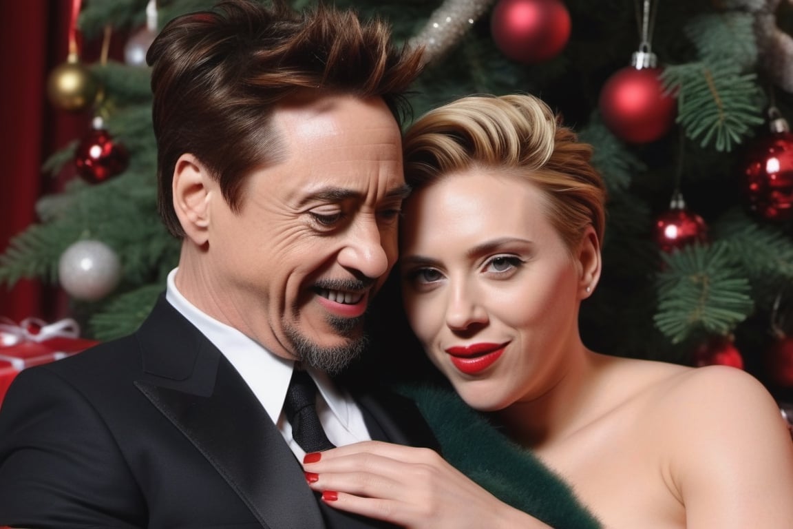 Robert Downey Jr. y la sensual Scarlet Johansson felices y enamorados en la sala con un arbol de navidad al fondo. hiperrealista, tetona, nalgona, piernuda, caliente,photo r3al,scarlett johansson