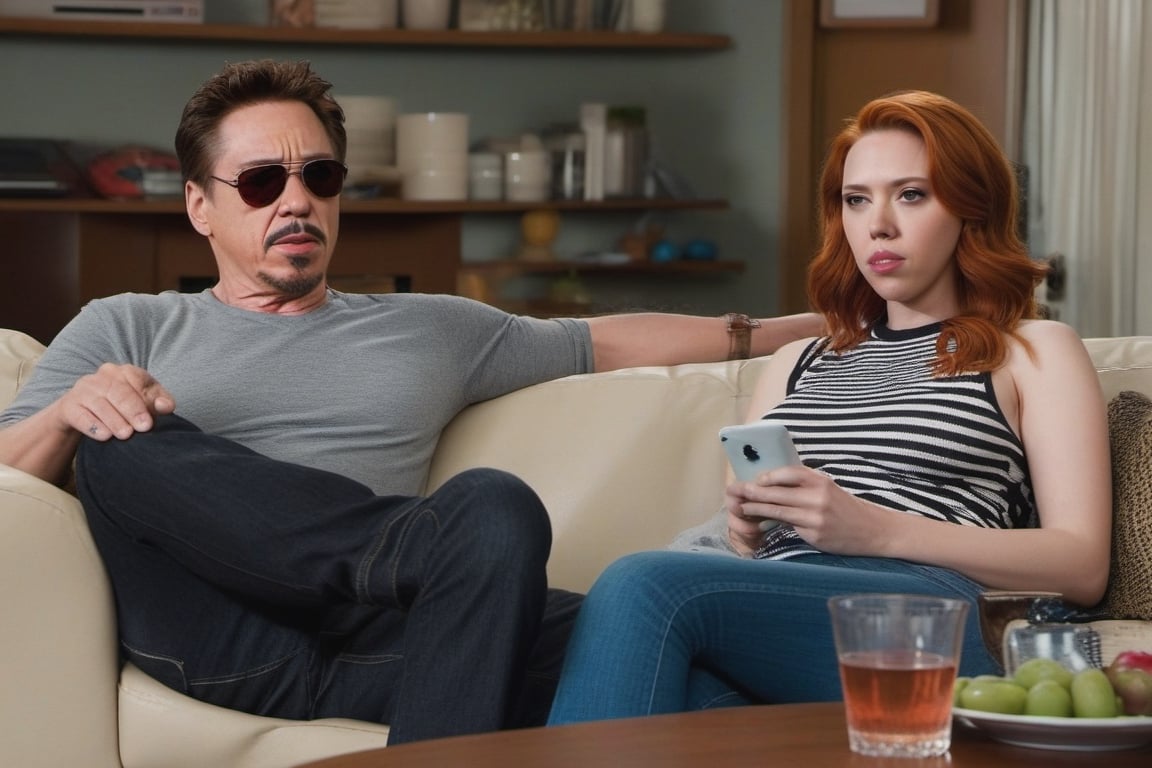 Tony Stark and Natasha Romanoff (Scarlet Johansson) watching tv at home, scarlett johansson, full body,scarlett johansson,photo r3al, 