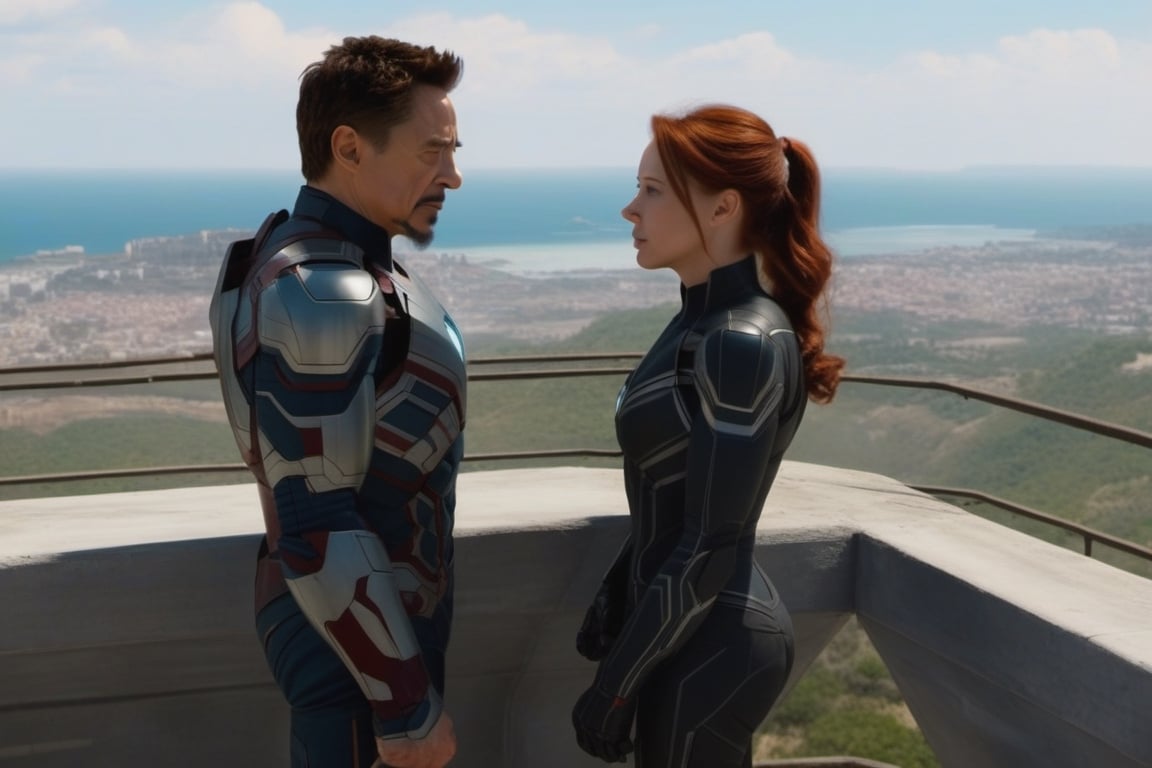 Tony Stark y Natsaha Romanoff observando el horizonte desde el balcón de su mansión. Toma panorámica,photo r3al