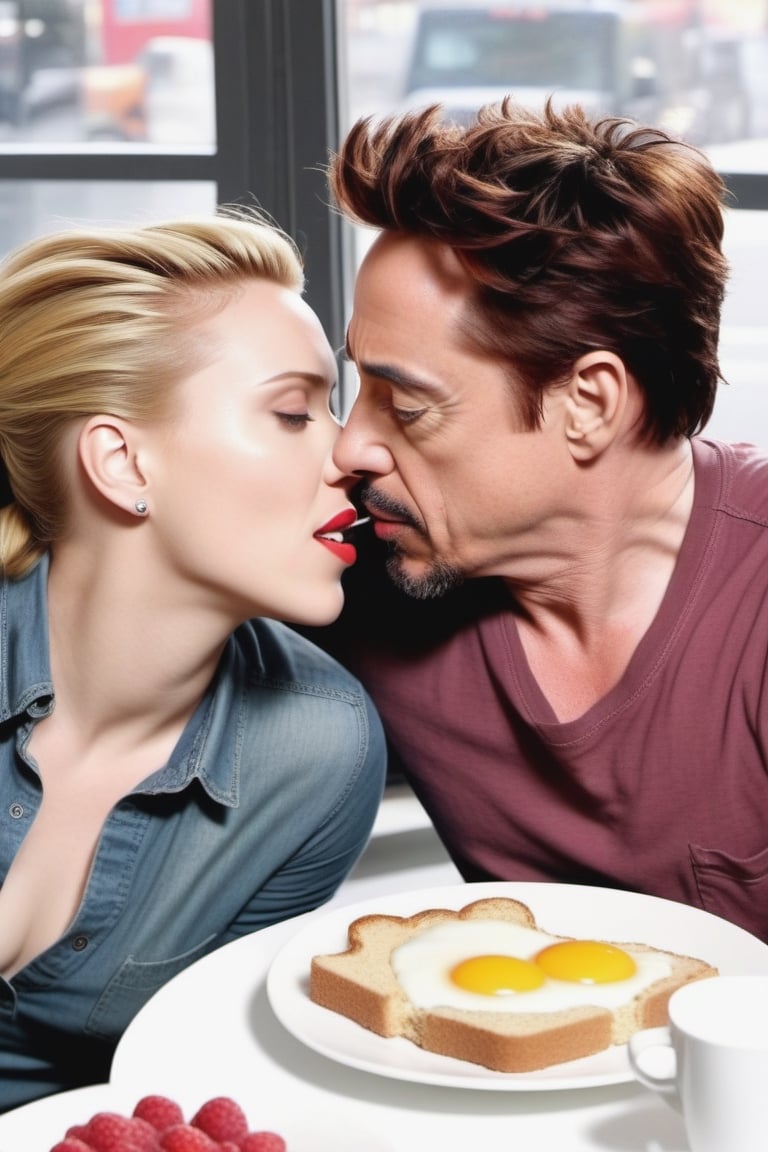 Robert Downey Jr and Scarlett Johansson deeply in love having a nice breakfast,photo r3al