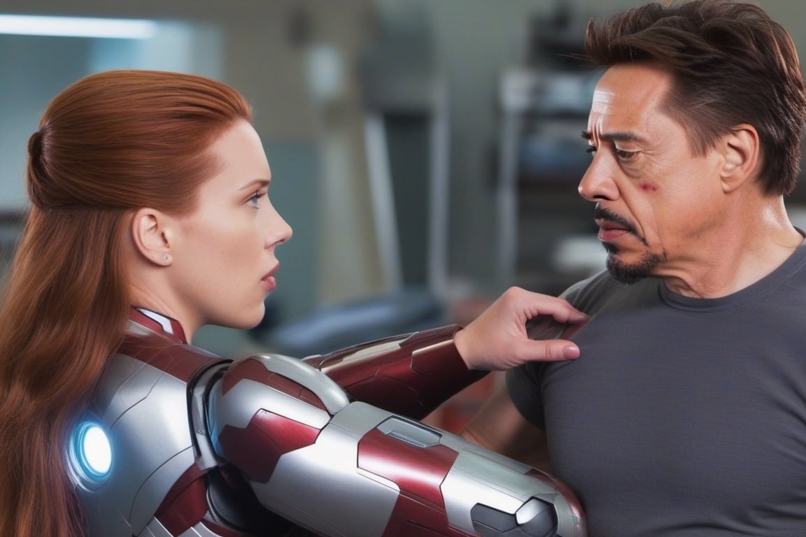 Tony Stark  working with Natasha Romanoff (Scarlet Johansson) testing an Iron Man armour