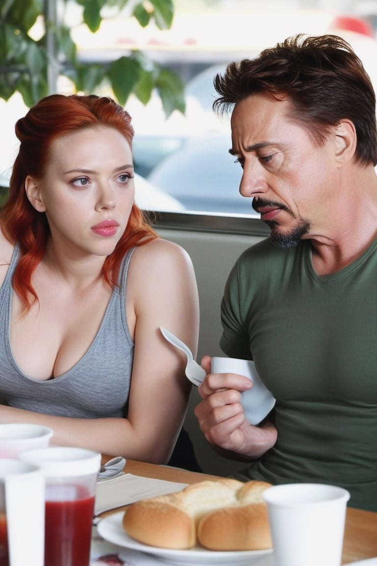 Tony Stark and Natasha Romanoff (Scarlet Johansson) having a nice breakfast, scarlett johansson, full body,scarlett johansson,photo r3al, 