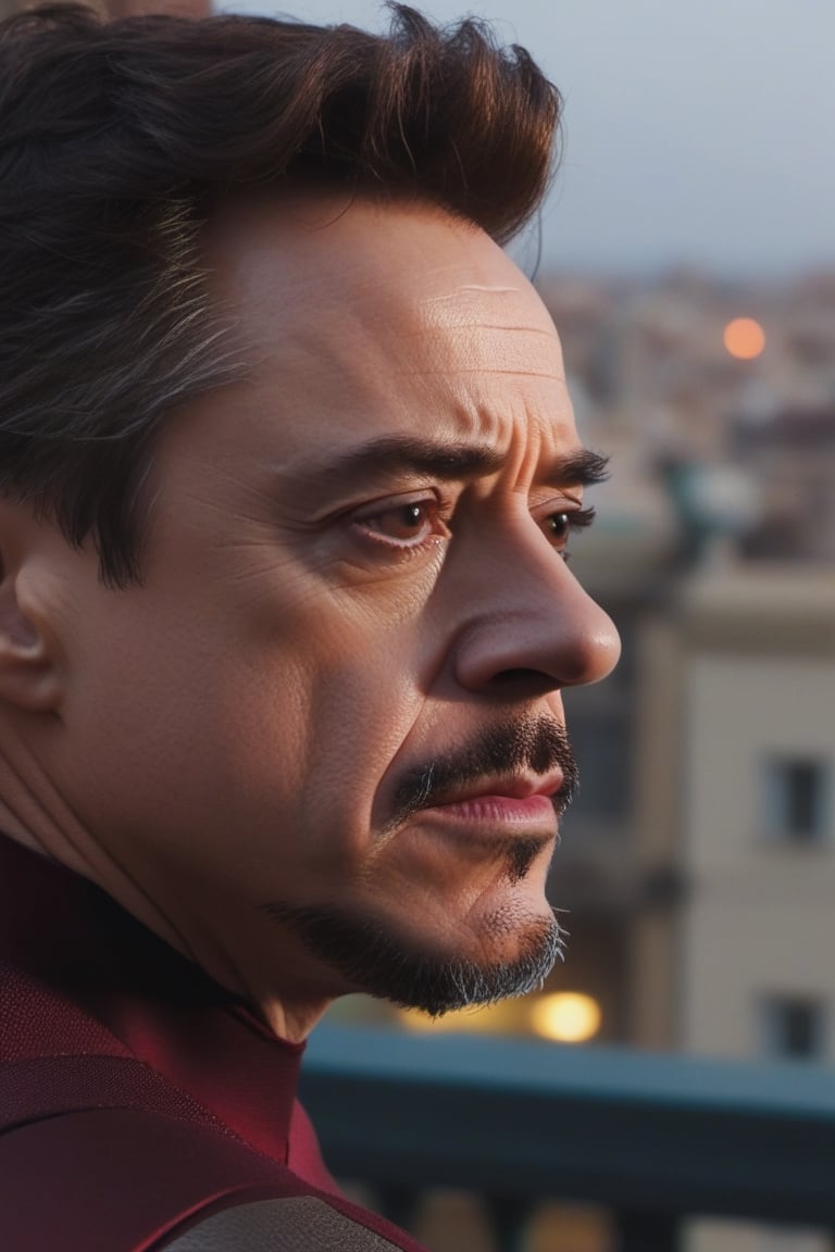 Tony Stark pensativo, observando el horizonte desde el balcón de su mansión