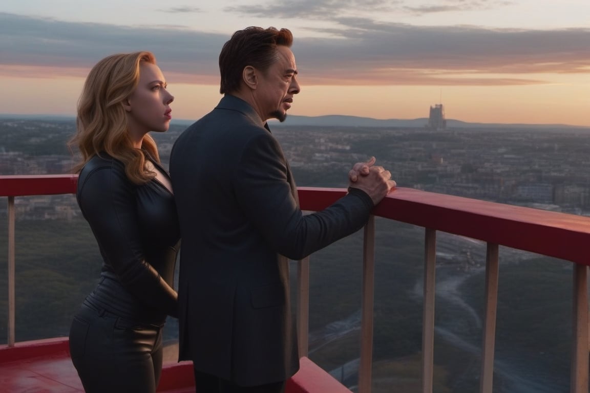 Tony Stark y Natsaha Romanoff (Scarlet Johansson) observando el atardecer desde el balcón de su mansión. Toma panorámica,photo r3al