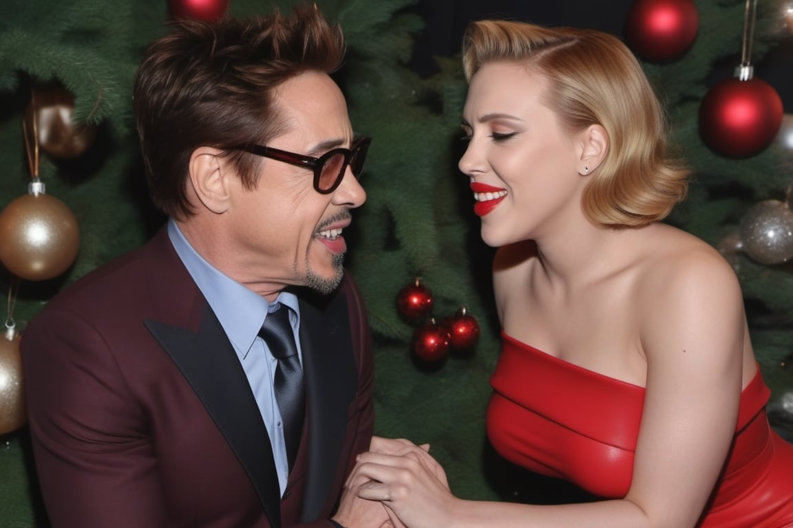 Robert Downey Jr. y la sensual Scarlet Johansson felices y enamorados en la sala con un arbol de navidad al fondo. hiperrealista, tetona, nalgona, piernuda, caliente,photo r3al,scarlett johansson