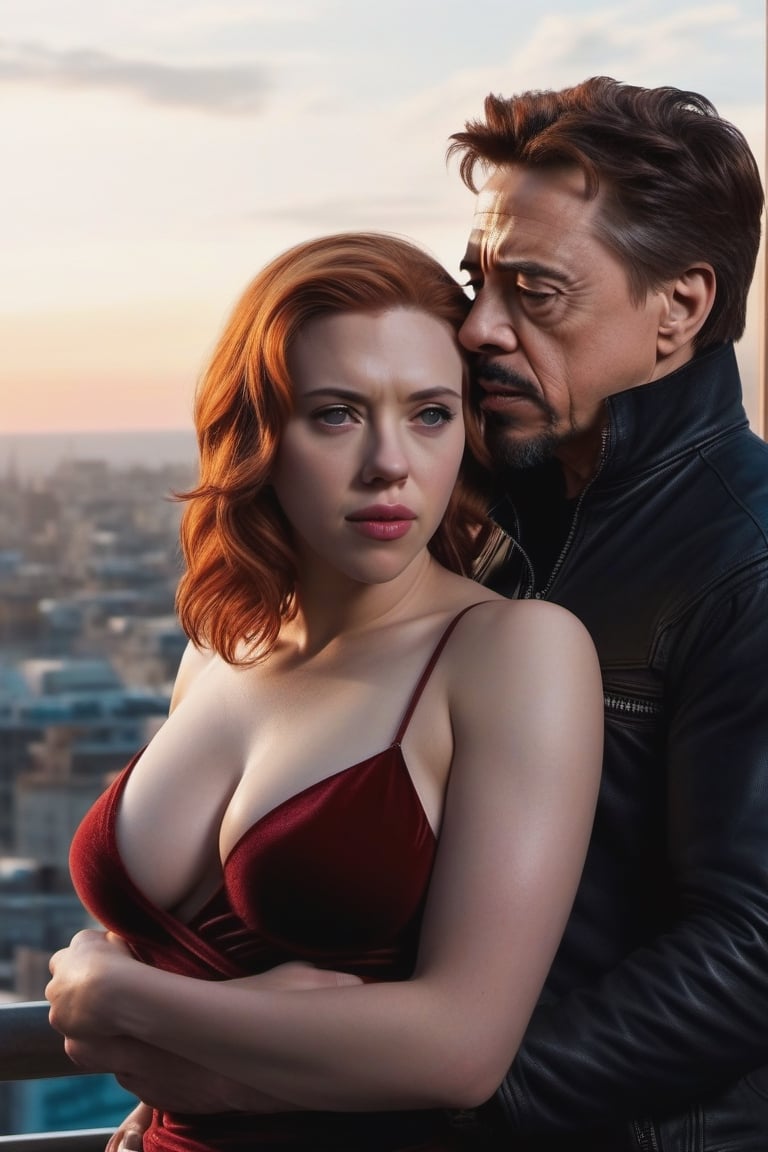 Tony Stark y una sensual Natsaha Romanoff (Scarlet Johansson) observando el amanecer desde el balcón de su mansión. Toma panorámica, photo r3al