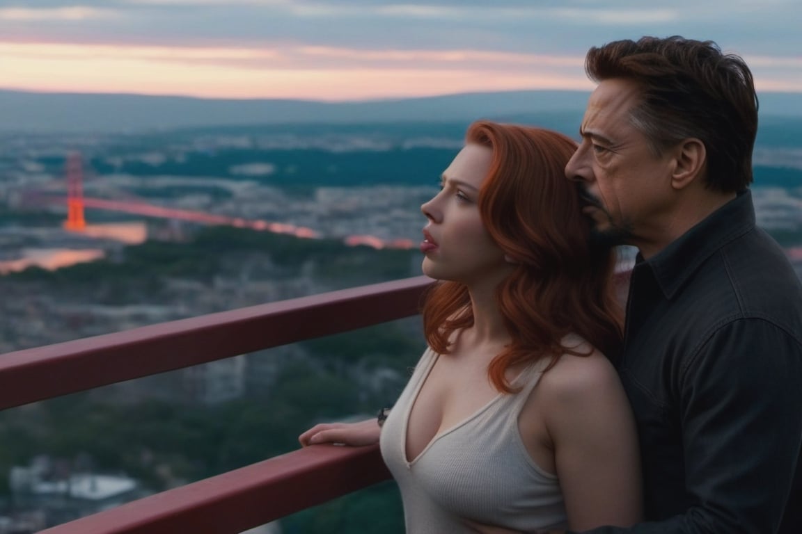 Tony Stark y Natsaha Romanoff (Scarlet Johansson) observando el atardecer desde el balcón de su mansión. Toma panorámica,photo r3al