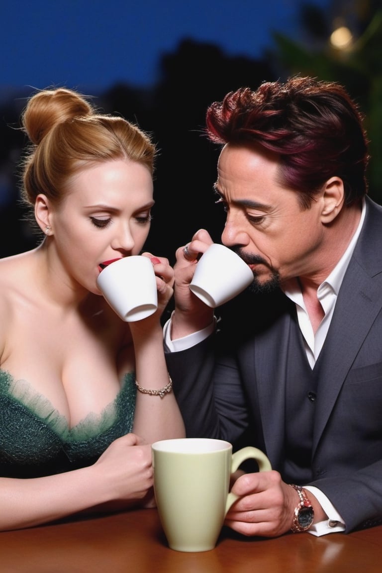 Sensual Scarlet Johansson and Robert Downey Jr having coffee at night