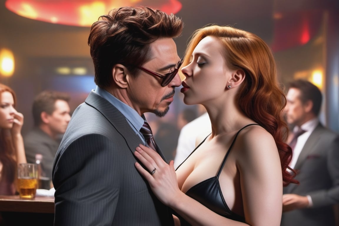 Tony Stark /Robert Downey Jr.) kissing beautiful Natasha Romanoff (Scarlett Johansson) in strip club. Full body,photo r3al